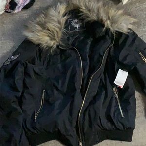 Black fur bomber jacket hoodie coat w pockets
